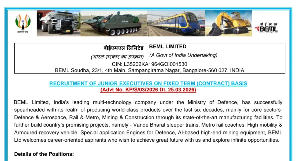 BEML Apprentice Recruitment 2026 pdf